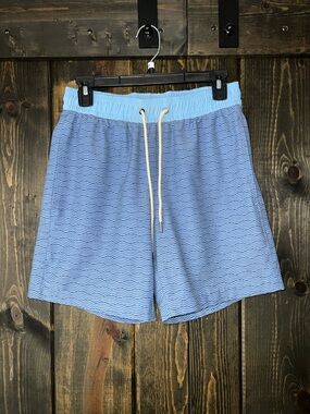 Fair Harbor The Bayberry Trunk Swim Shorts S Blue Waves Lined Beach Pockets